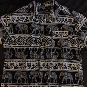 Black & white button up tee with elephants